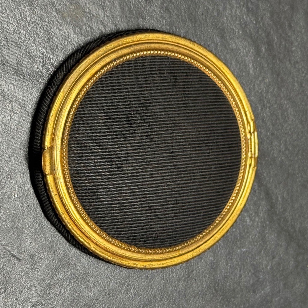 Antique Black Grosgrain Gold‎ Tone Beaded Rim Round Powder Compact Mirror 2.5"